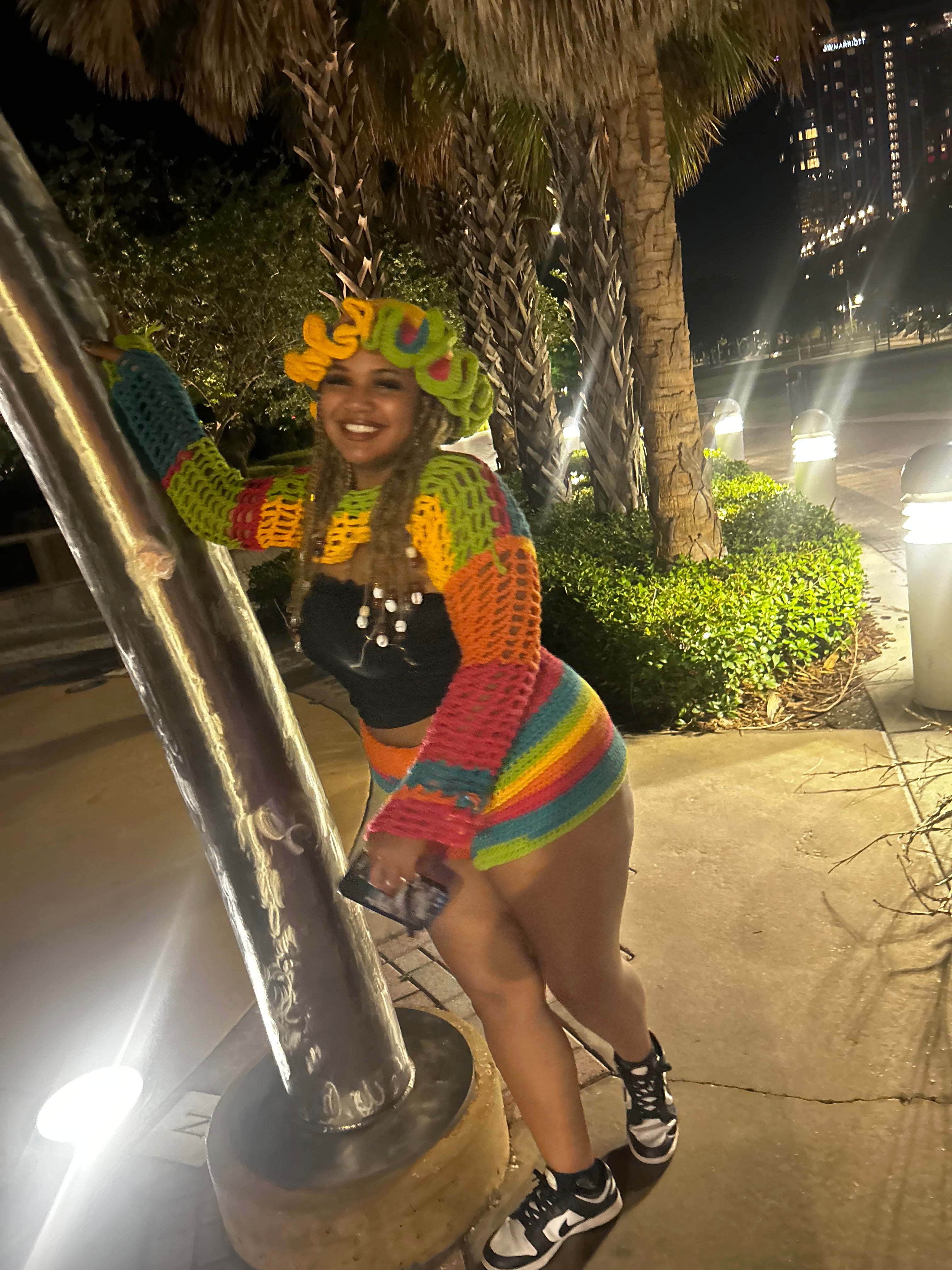 Hat, mesh Shaw, and shorts set